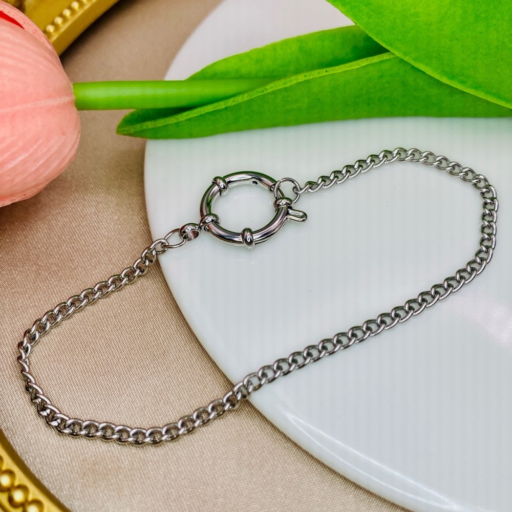 Small Curb Link Spring Mariner Clasp Stackable Bracelet Silver